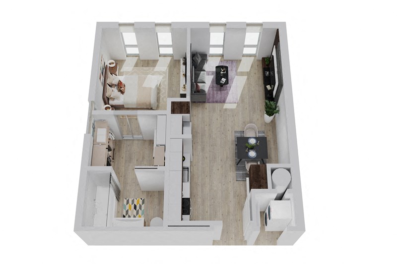 Floor plan for 1 bed, 1 bath, 701 sqft